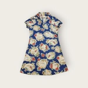 Vintage 90s Street Flowers blue tropical beachy retro polo collared mini dress